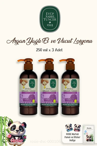 3 Adet Eyüp Sabri Tuncer Vücut Losyonu Argan 250 ml ve 60'lı %100 Pamuk ROSIE ürün görseli 1