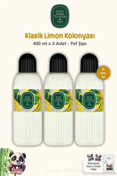 Eyüp Sabri Tuncer Klasik Limon Kolonyası 3'lü 80 Derece Pet Şişe 400 ml ve ROSIE ürün görseli 1