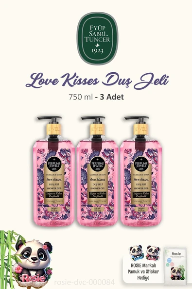 Eyüp Sabri Tuncer 3 Adet  Love Kisses Duş Jeli 750 ml ve %100 Doğal Pamuk ROSIE ürün görseli 1