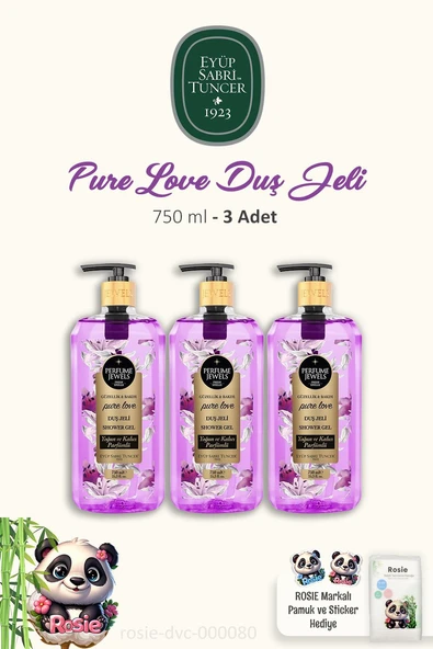 3 Adet Eyüp Sabri Tuncer Pure Love Duş Jeli 750 ml ve 60'lı Doğal Pamuk ROSIE ürün görseli 1