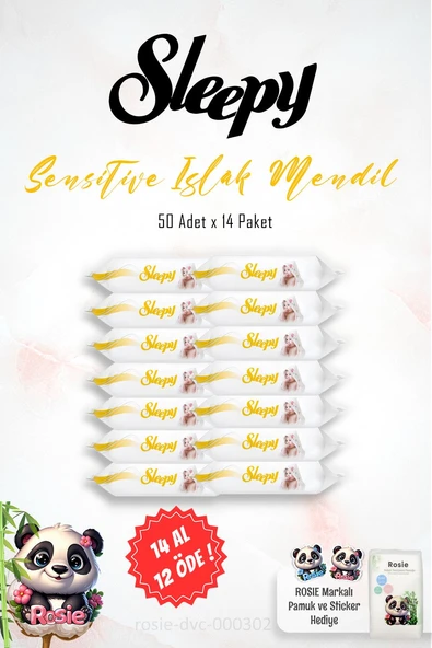 14 AL 12 ÖDE Sleepy Sensitive Islak Bebek Mendil 50'li ve ROSIE Pamuk ürün görseli 1