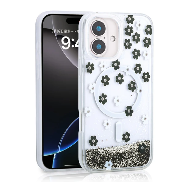iPhone 16 Kılıf Sıvılı Simli Baskılı Şeffaf Arka Yüzey Mossa Silikon Kapak ürün görseli 1