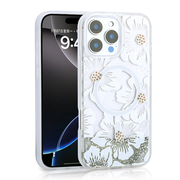 iPhone 16 Pro Kılıf Sıvılı Simli Baskılı Şeffaf Arka Yüzey Mossa Silikon Kapak ürün görseli 1