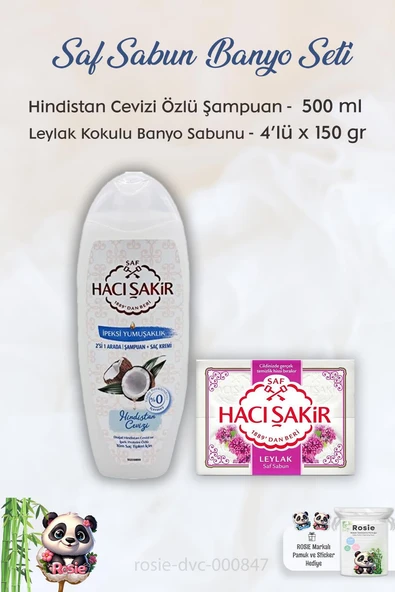 Hacı Şakir Hindistan Cevizi Şampuan 500 ml,  Leylak Kokulu Banyo Sabunu 4 x 150 gr ve ROSIE ürün görseli 1