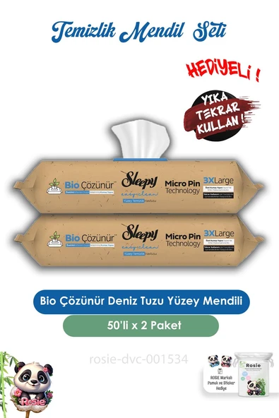 Sleepy 2 Adet Bio Çözünür Yüzey Temizlik Havlusu Deniz Tuzu 50'li ve ROSIE ürün görseli 1