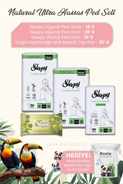 Sleepy Natural Ultra Hassas Hijyenik Ped  3'lü, Zeytinyağlı Mendil Cep Boy 25' li ve ROSIE ürün görseli 1
