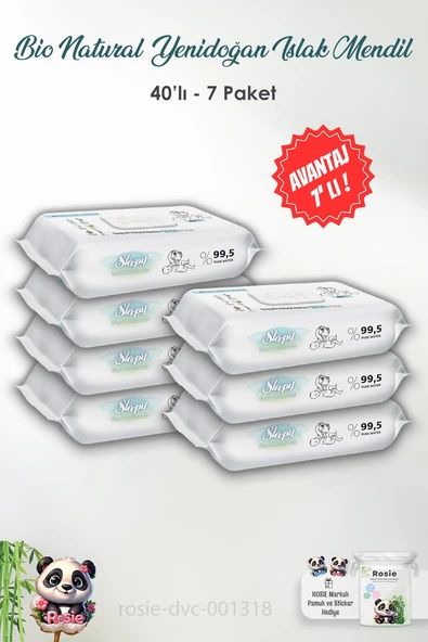 7 Adet Sleepy Bio Natural Yenidoğan Islak Havlu 40'lı ve ROSIE ürün görseli 1