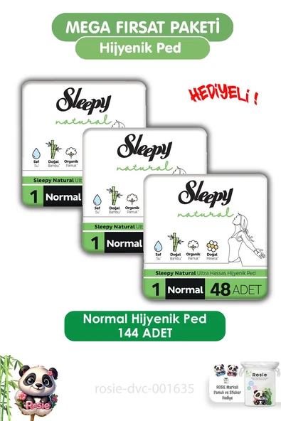 Sleepy Natural Ultra Hassas Hijyenik Ped Mega Fırsat Paketi Normal 144 Adet ve ROSIE ürün görseli 1