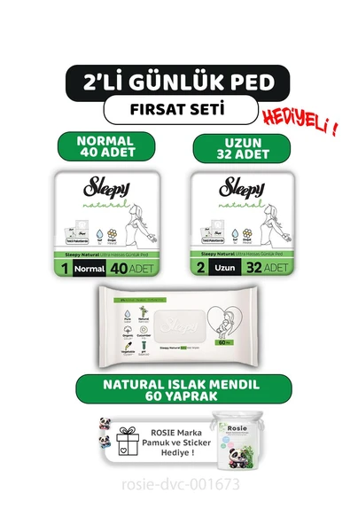 Sleepy 2'li Natural Ultra Hassas Günlük Ped  Seti, Islak Mendil ve ROSIE ürün görseli 1