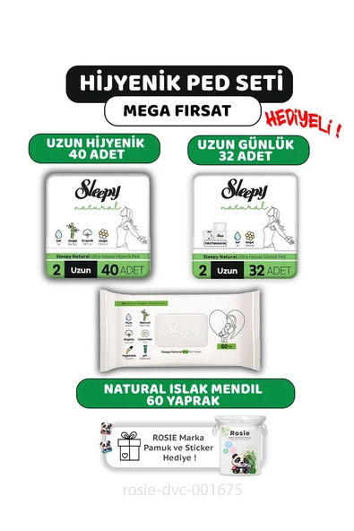 Sleepy Natural Ultra Hassas Ped Uzun 40'lı, Günlük Ped 32'li, Natural 60'lı Mendil ve ROSIE ürün görseli 1