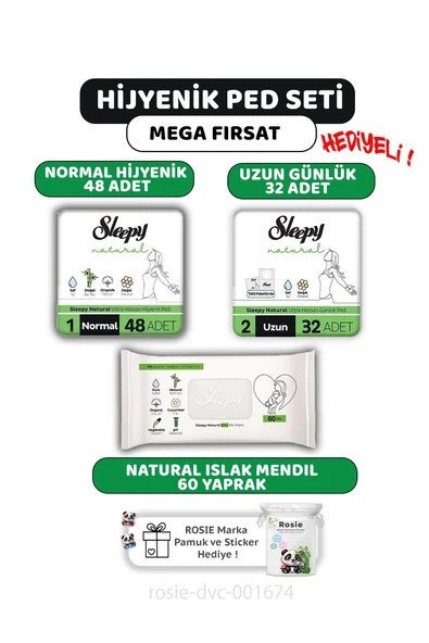 Sleepy Natural Ultra Hassas Ped Normal 48'li,Günlük Ped 32'li, Natural 60'lı Mendil ve ROSIE ürün görseli 1