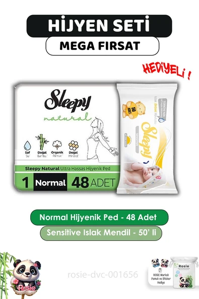 Sleepy Natural Ultra Hassas Hijyenik Ped Normal 48 Adet, Sensitive 50'li Islak Mendil ve ROSIE ürün görseli 1