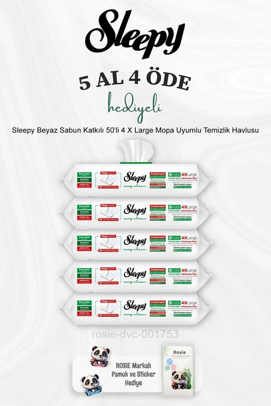 Sleepy Beyaz Sabun Katkılı 50'li 4 X Large Mopa Uyumlu Temizlik Havlusu 5 Al 4 Öde ve Rosie Pamuk ürün görseli 1