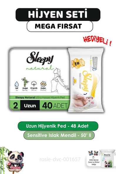Sleepy Natural Ultra Hassas Hijyenik Ped Uzun 40 Adet, Sensitive 50'li Islak Mendil ve ROSIE ürün görseli 1