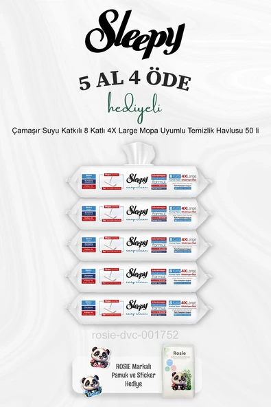 Sleepy Çamaşır Suyu Katkılı 8 Katlı 4X Large Mopa Uyumlu Temizlik Havlusu 50 li 5 Al 4 Öde ve Rosie Pamuk ürün görseli 1