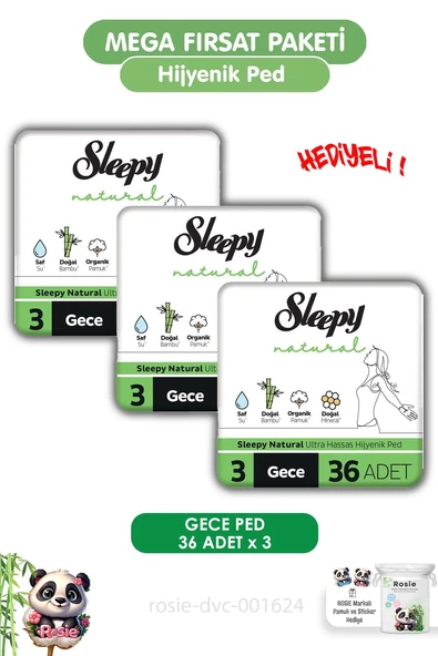 Sleepy Natural Ultra Hassas Hijyenik Ped Gece 108 Adet Ped ve ROSIE ürün görseli 1