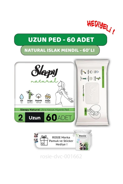Sleepy Natural Ultra Hassas Hijyenik Ped Uzun 60 Adet, Natural 60'lı Islak Mendil  ve ROSIE ürün görseli 1