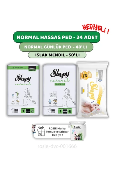 Sleepy Natural Ultra Hassas Normal Ped 24'lü,Günlük Ped 40'lı,  Sensitive 50'li Mendil ve ROSIE ürün görseli 1