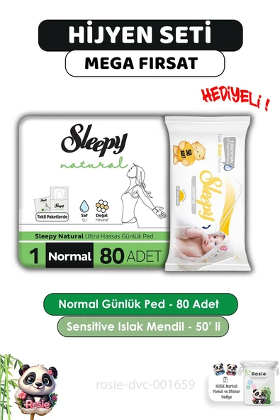 Sleepy Natural Ultra Hassas Hijyenik Günlük Ped Normal 80 Adet, Sensitive 50'li Islak Mendil ve ROSIE ürün görseli 1