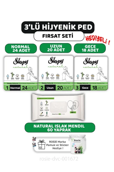 Sleepy 3'lü Natural Ultra Hassas Hijyenik Ped  Seti Natural Islak Mendil 60'lı ve ROSIE ürün görseli 1