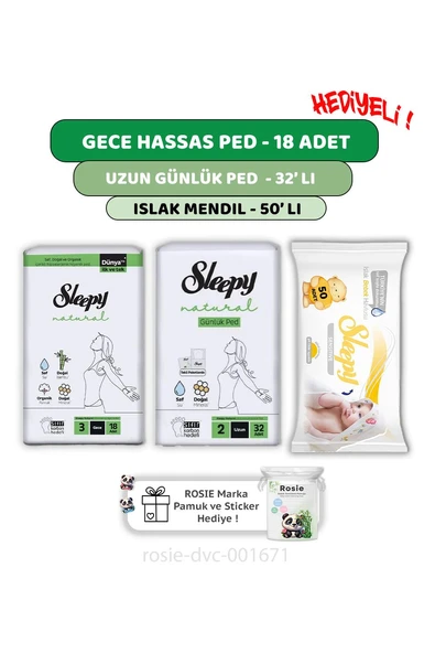 Sleepy Natural Ultra Hassas Gece Ped 18'li,Günlük Ped 32'li,  Sensitive 50'li Mendil ve ROSIE ürün görseli 1