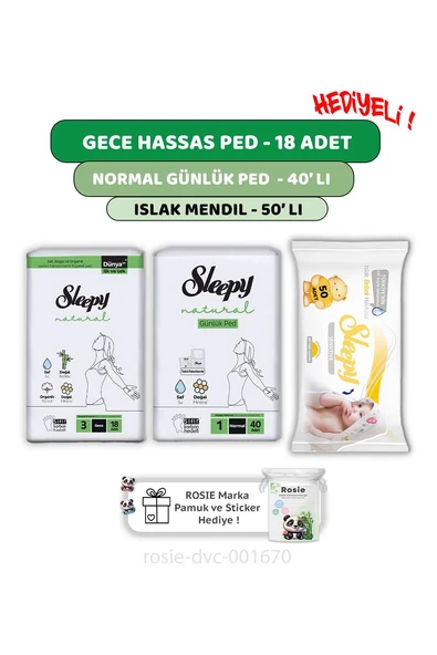 Sleepy Natural Ultra Hassas Gece Ped 18'li,Günlük Ped 40'lı  Sensitive 50'li Mendil ve ROSIE ürün görseli 1