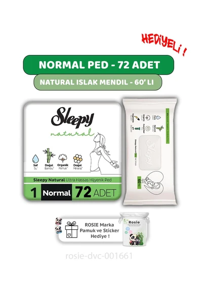 Sleepy Natural Ultra Hassas Hijyenik Ped Normal 72 Adet, Natural 60'lı Islak Mendil ve ROSIE ürün görseli 1