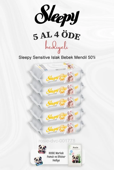 Sleepy Sensitive Islak Bebek Mendil 50'li 5 Al 4 Öde ve Rosie Pamuk ürün görseli 1