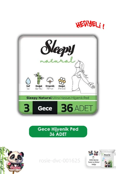 Sleepy  Natural Ultra Hassas Hijyenik Ped Gece 36 Adet Ped ve ROSIE ürün görseli 1