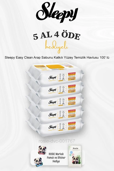 Sleepy Easy Clean Arap Sabunu Katkılı Yüzey Temizlik Havlusu 100' lü 5 Al 4 Öde ve Rosie Pamuk ürün görseli 1