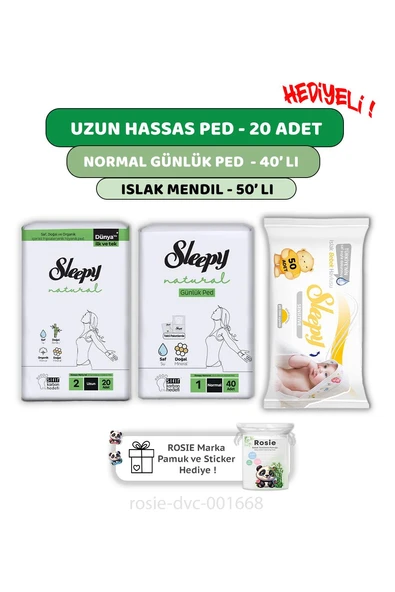 Sleepy Natural Ultra Hassas Uzun Ped 20'li,Günlük Ped 40'lı  Sensitive 50'li Mendil ve ROSIE ürün görseli 1