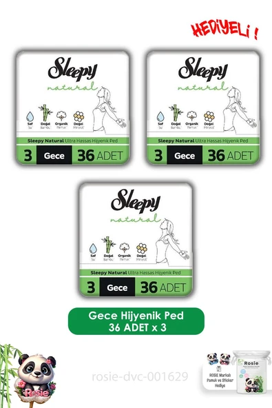 Sleepy  Natural Ultra Hassas Hijyenik Ped Mega Fırsat Paketi Gece 108 Adet ve ROSIE ürün görseli 1