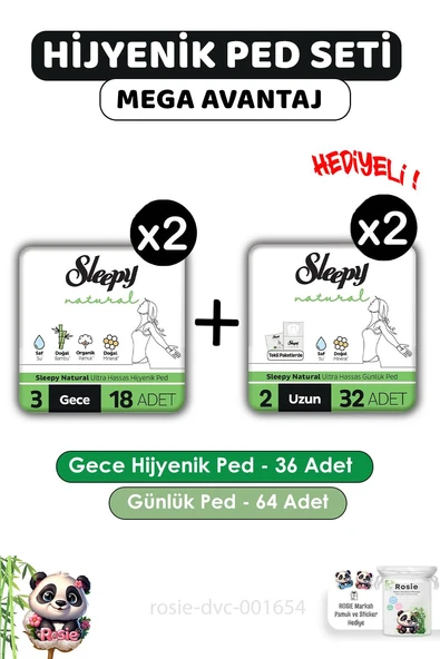 Sleepy Natural Hijyenik Ped Gece 36 Adet Günlük Ped Uzun 64 Adet ve ROSIE ürün görseli 1