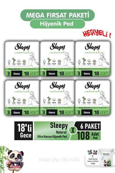 Sleepy Natural Ultra Hassas Hijyenik Ped 18'li Gece X 6 Paket ve ROSIE ürün görseli 1