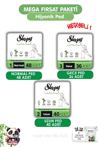 Sleepy  Natural Ultra Hassas Hijyenik Ped 124 Adet Ped Mega Fırsat Paketi ve ROSIE ürün görseli 1