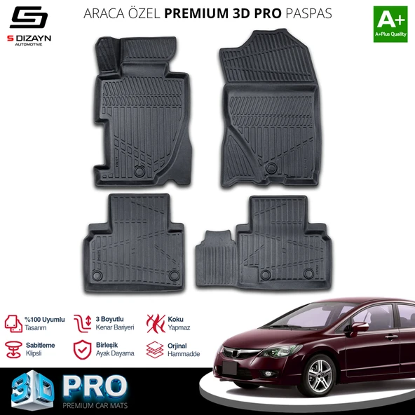 S-Dizayn Honda Civic 3D Pro Havuzlu Paspas 2006-2012 A+ Kalite ürün görseli 1