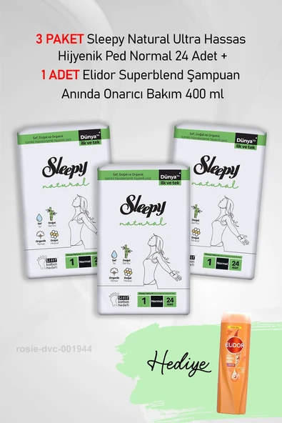Sleepy Natural Hijyenik Ped Normal 24 Adet X 3 ve Hediye Elidor Onarıcı Bakım 400 ml ürün görseli 1