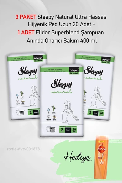 Sleepy Natural Ultra Hassas Hijyenik Ped Uzun 20 Adet X3 ve Elidor  Şampuan Anında Onarıcı Bakım 400 ml ürün görseli 1