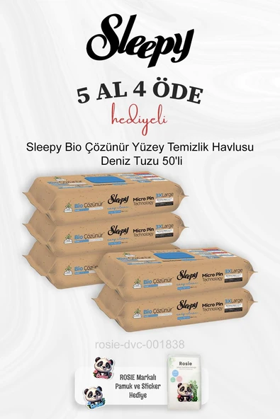 Sleepy Bio Çözünür Yüzey Temizlik Havlusu Deniz Tuzu 50'li 5 Al 4 Öde ve Rosie Pamuk ürün görseli 1