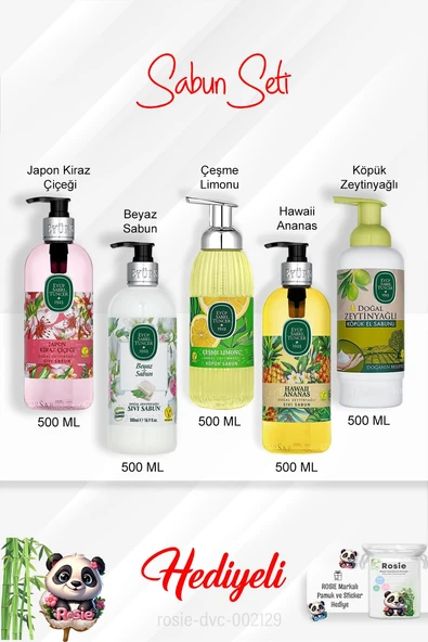 Sabun Paketi 500 ML Hawaii Ananas,Çeşme Limonu, Japon Kiraz Çiçeği, Beyaz Sabun, Zeytinyağlı ve Rosie ürün görseli 1