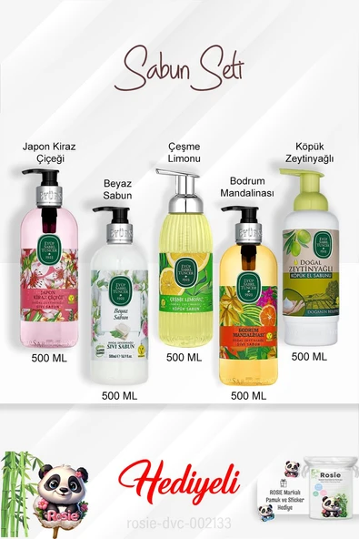 Sabun Paketi Bodrum Mandalinası, Çeşme Limonu, Japon Kiraz Çiçeği, Beyaz Sabun, Zeytinyağlı 500 ML ve Rosie ürün görseli 1