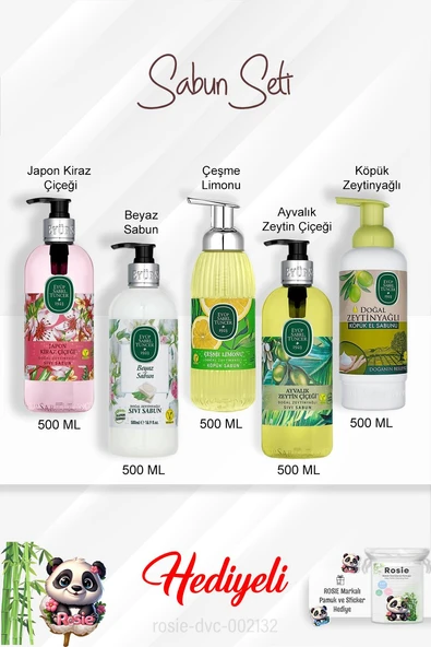 Sabun Paketi Ayvalık Zeytin Çiçeği, Çeşme Limonu, Japon Kiraz Çiçeği, Beyaz Sabun, Zeytinyağlı 500 ML ve Rosie ürün görseli 1
