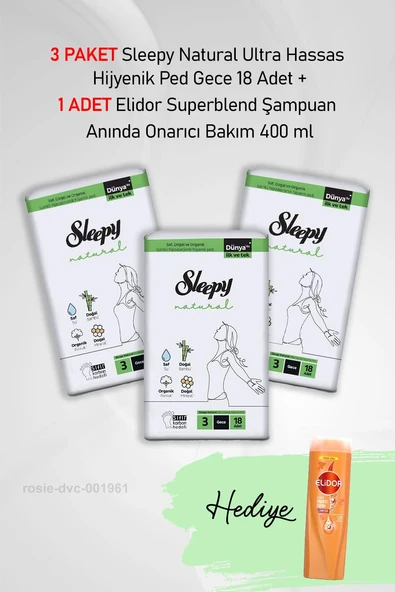 Sleepy Natural Hijyenik Ped Gece 18 Adet  X 3 ve Elidor Onarıcı Bakım 400 ml ürün görseli 1