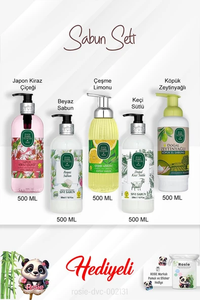 Sabun Paketi Çeşme Limonu, Keçi Sütlü, Japon Kiraz Çiçeği, Beyaz Sabun, Zeytinyağlı 500 ML ve Rosie ürün görseli 1