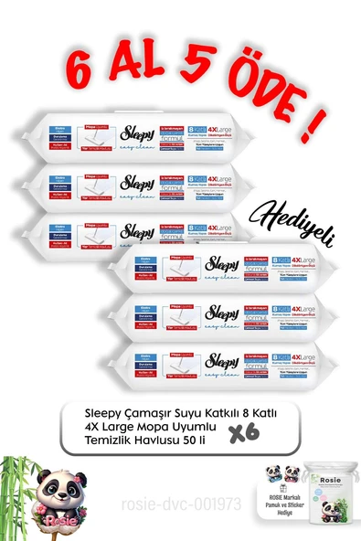 Sleepy Çamaşır Suyu Katkılı 8 Katlı 4X Large Mopa Uyumlu Temizlik Havlusu 50 li  6 Al 5 Öde ve Rosie pamuk ürün görseli 1