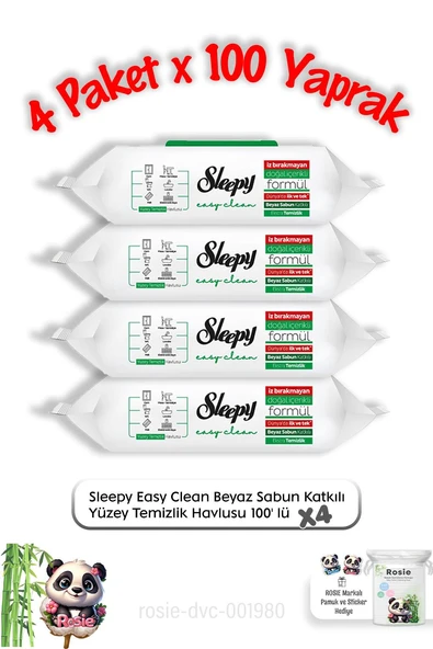 Sleepy Easy Clean Yüzey Temizlik Havlusu 100' lü X 4 ve Rosie pamuk ürün görseli 1