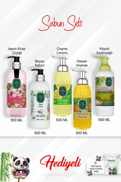 500 ML Sabun Paketi Çeşme Limonu,Japon Kiraz Çiçeği, Beyaz Sabun,Hawaii Ananas, Zeytinyağlı ve Rosie ürün görseli 1