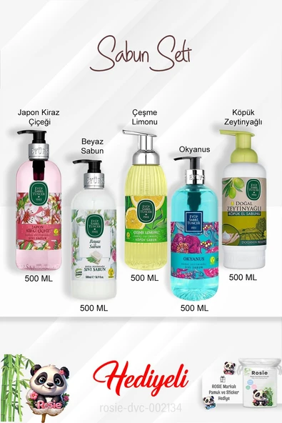 Sabun Paketi Okyanus, Çeşme Limonu, Japon Kiraz Çiçeği, Beyaz Sabun, Zeytinyağlı 500 ML ve Rosie ürün görseli 1