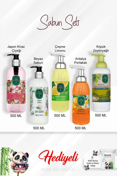 500 ML Sabun Paket Çeşme Limonu, Antalya Portakalı ,Japon Kiraz Çiçeği, Beyaz Sabun, Zeytinyağlı ve Rosie ürün görseli 1