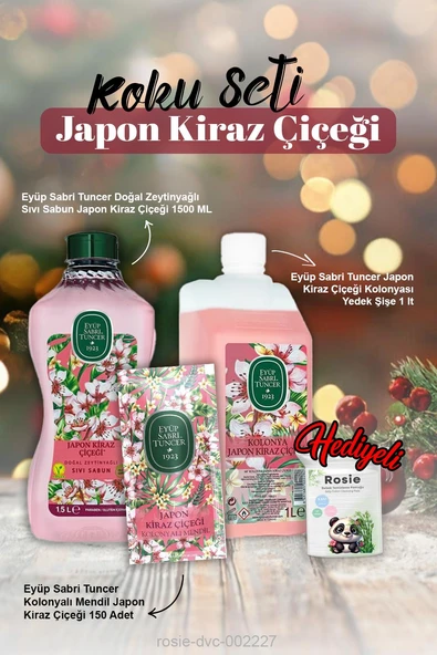 Kolonya 1lt, 1500ml Sıvı Sabun, kolonyalı mendil 150'li Japon Kiraz Çiçeği ve Rosie Pamuk ürün görseli 1